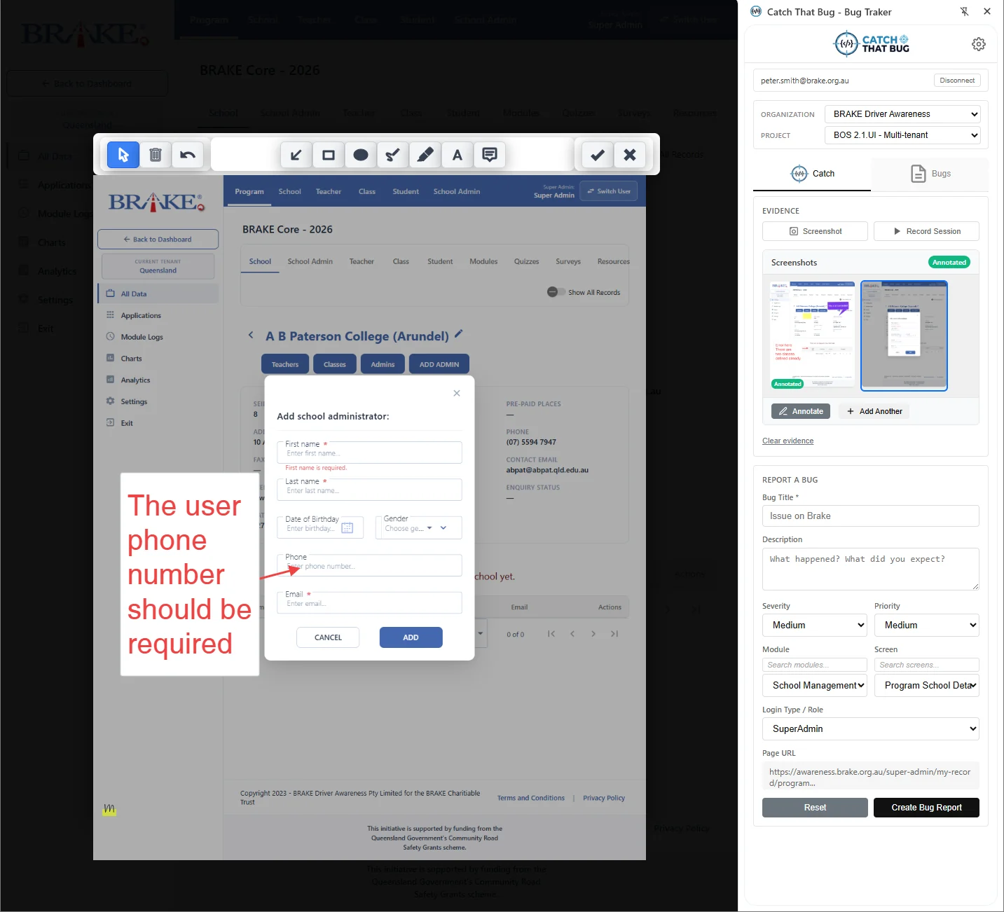 Catch That Bug screenshot annotation showing callouts drawn on a web interface