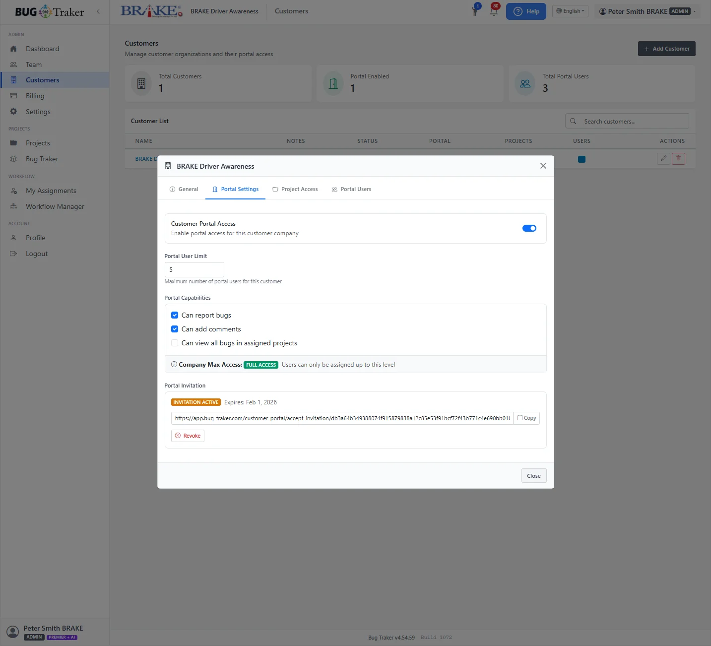 The Bug Traker project-scoped customer portal used by external reporters