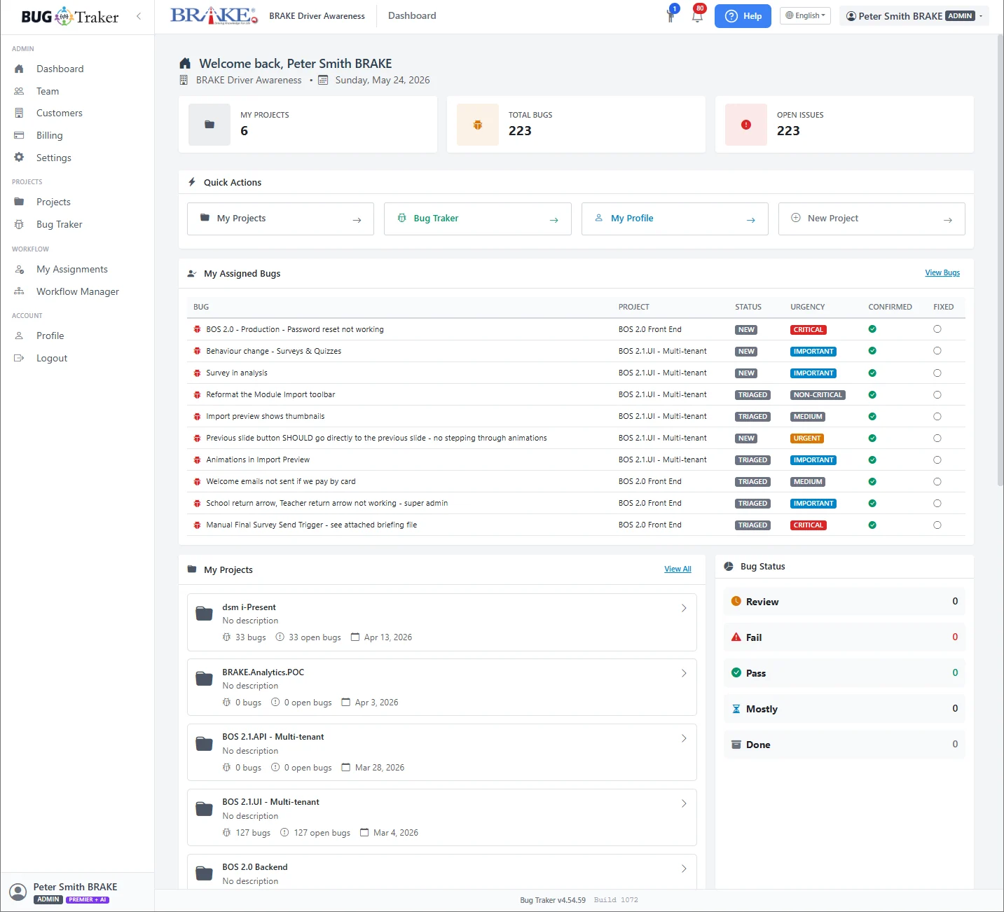 Bug Traker main dashboard showing projects, assigned bugs and team activity