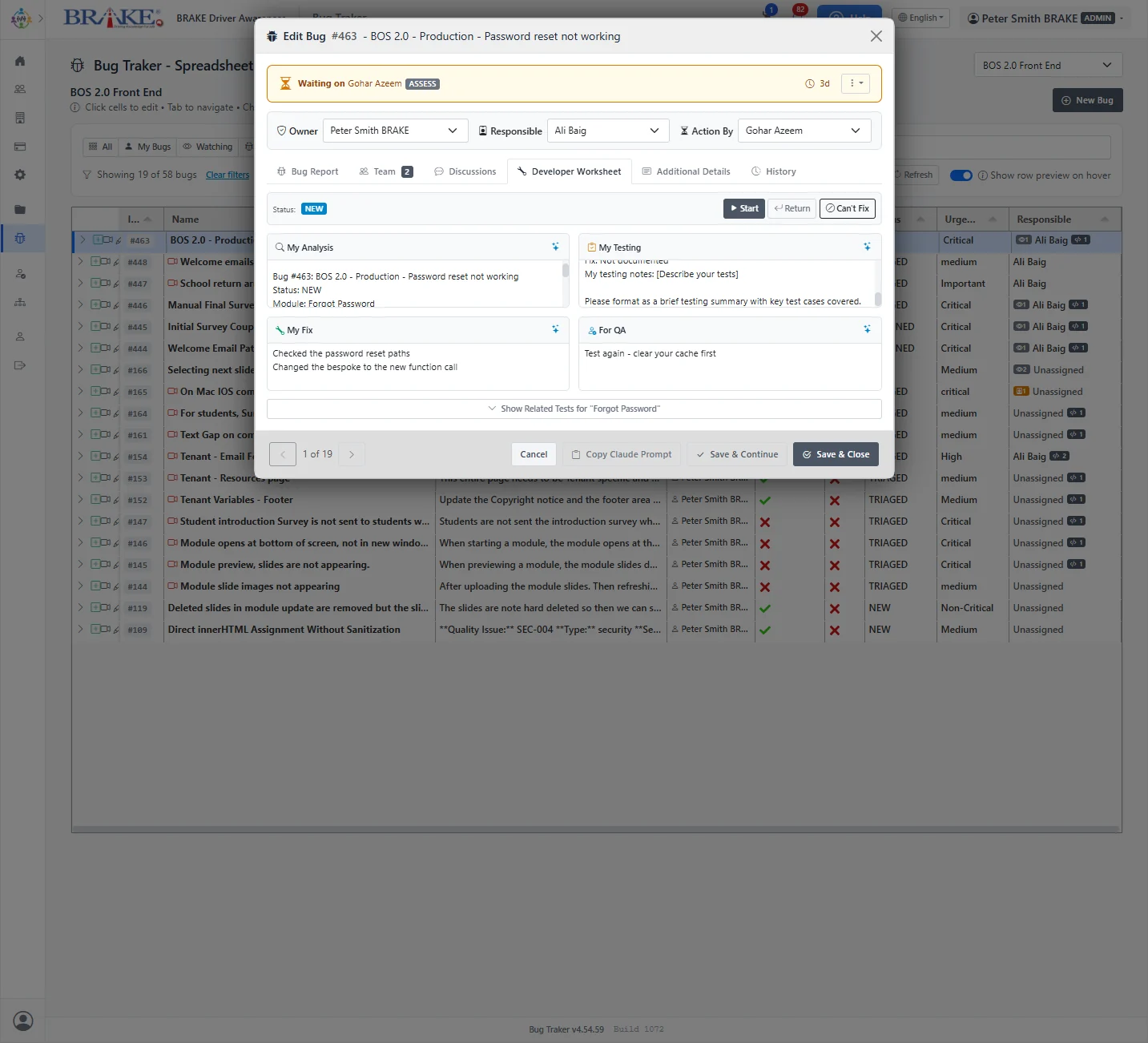 Bug Traker developer worksheet with AI prompt support