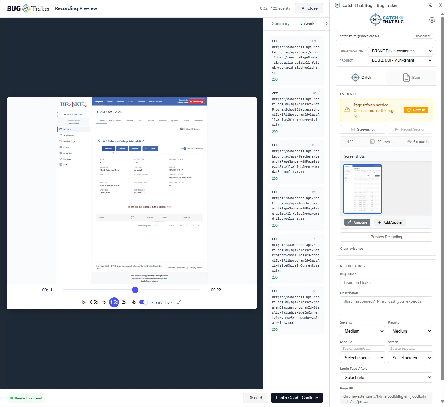 Recorded network request evidence attached to a Bug Traker report