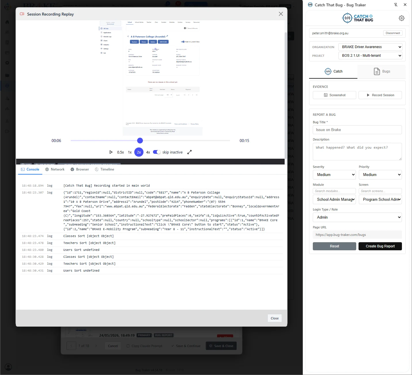 Captured browser session replay alongside developer evidence tools