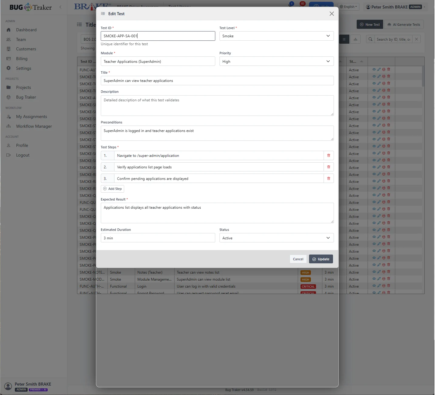 Detailed test steps recorded against a test case in Bug Traker