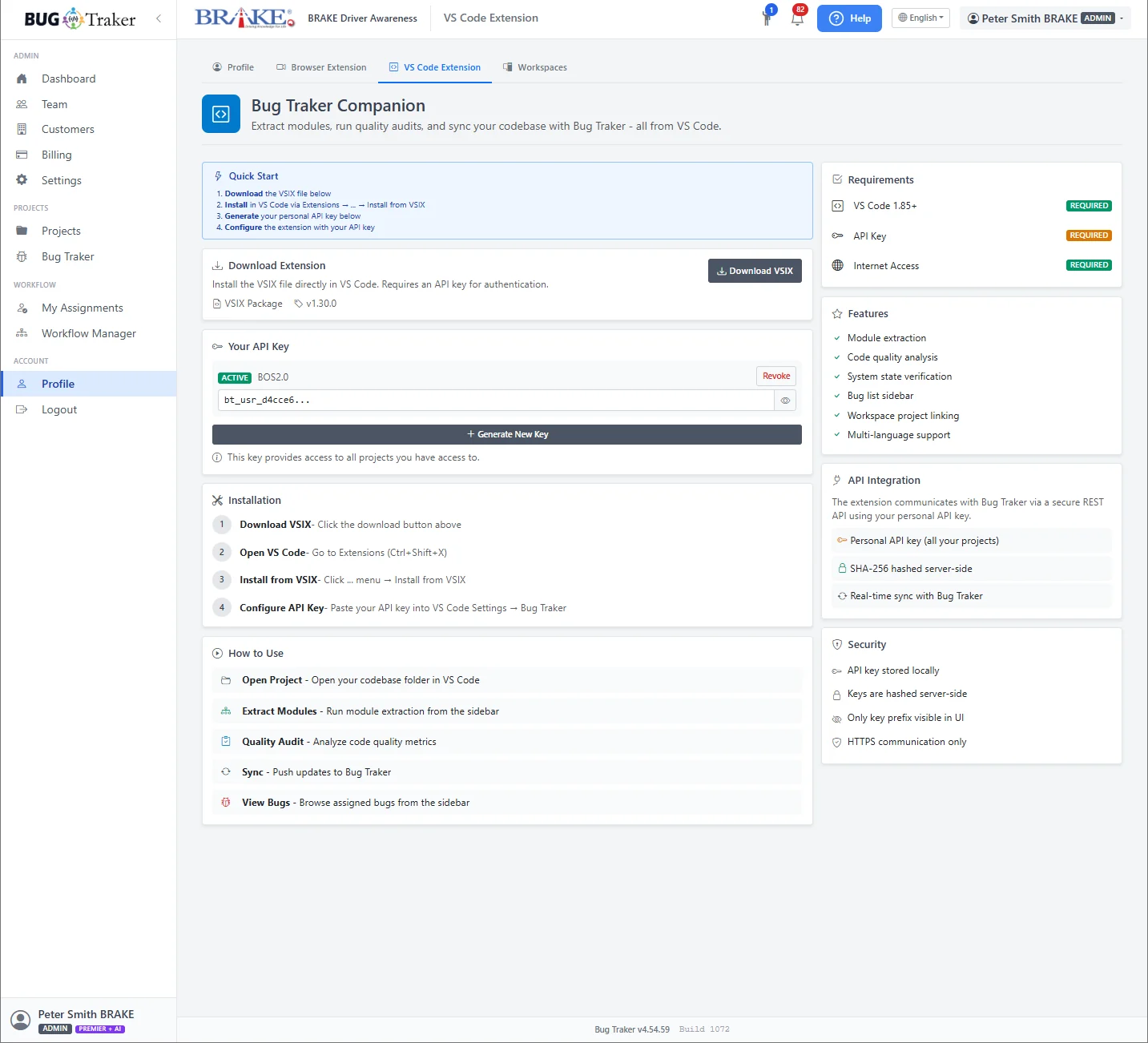 Bug Traker VS Code integration showing workspace connections and API key access