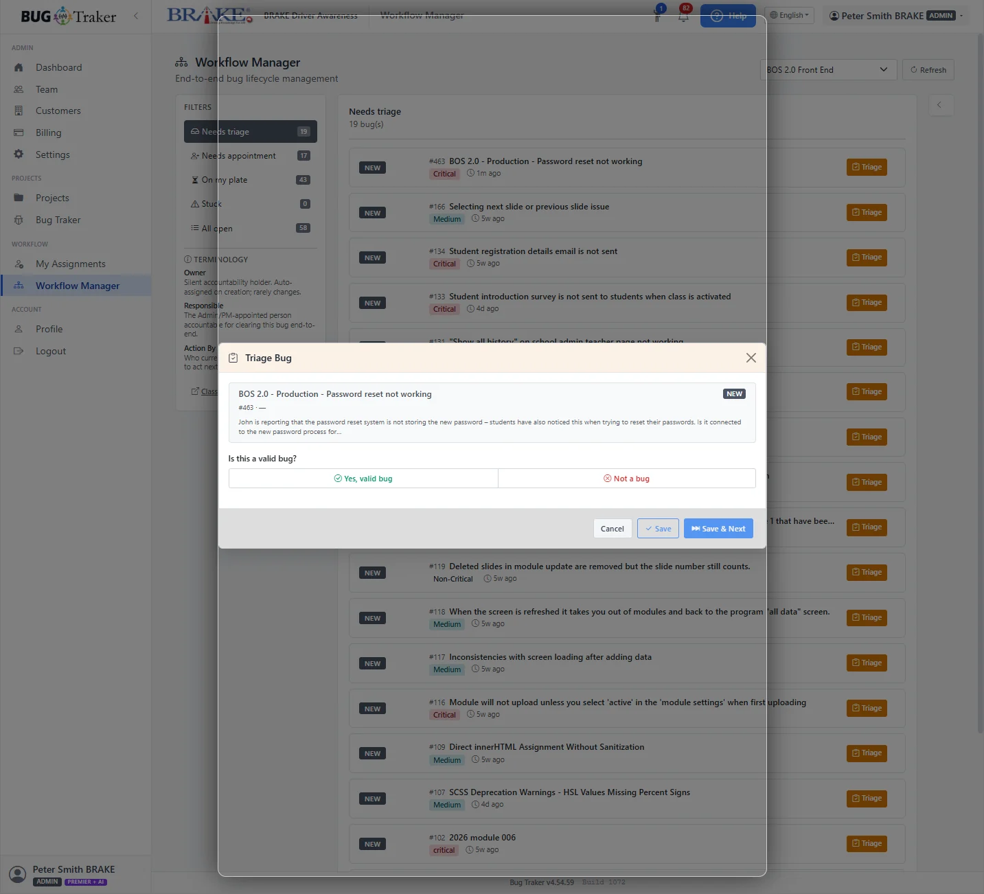 Bug Traker triage dialogue assigning responsibility and the next action