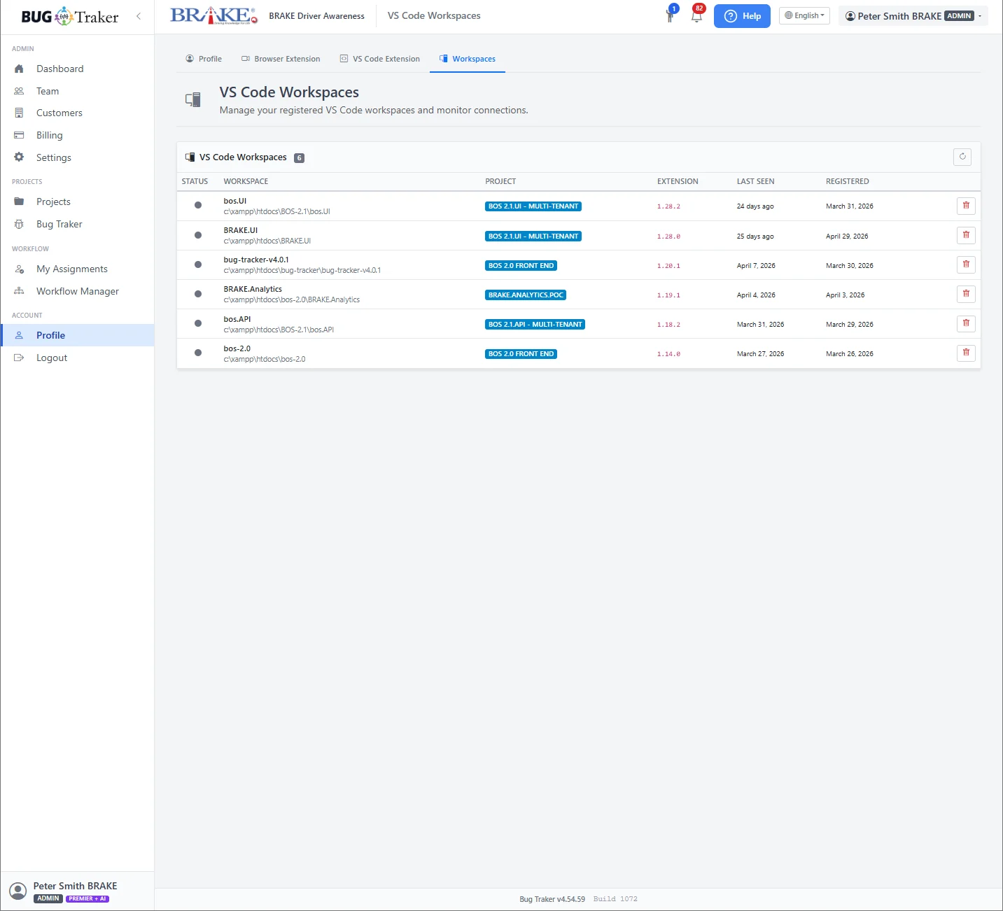 Bug Traker workspace and project selection screen