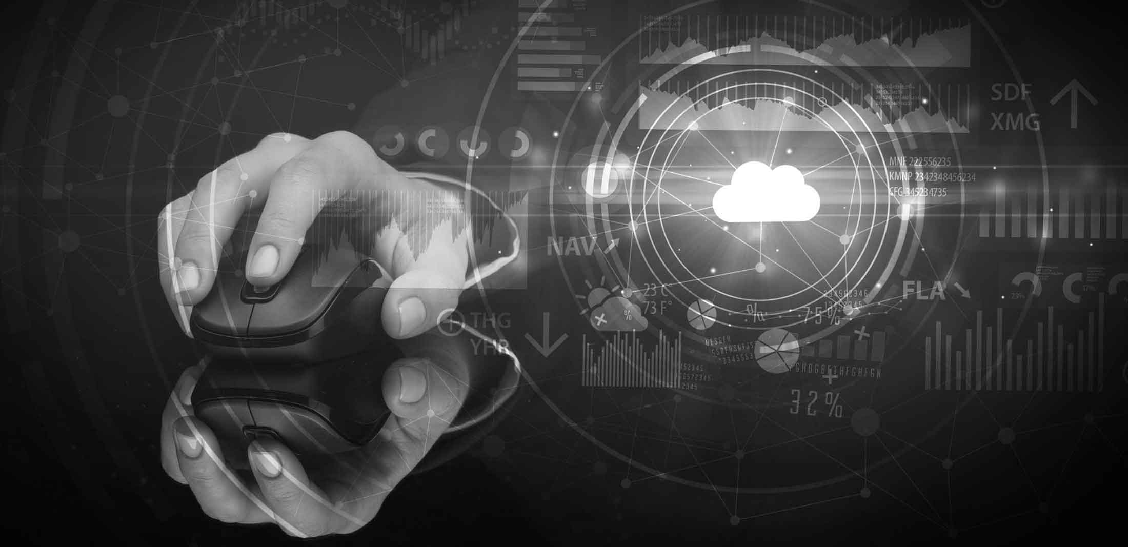A hand on a computer mouse against a monochrome overlay of dashboards, charts and a cloud icon