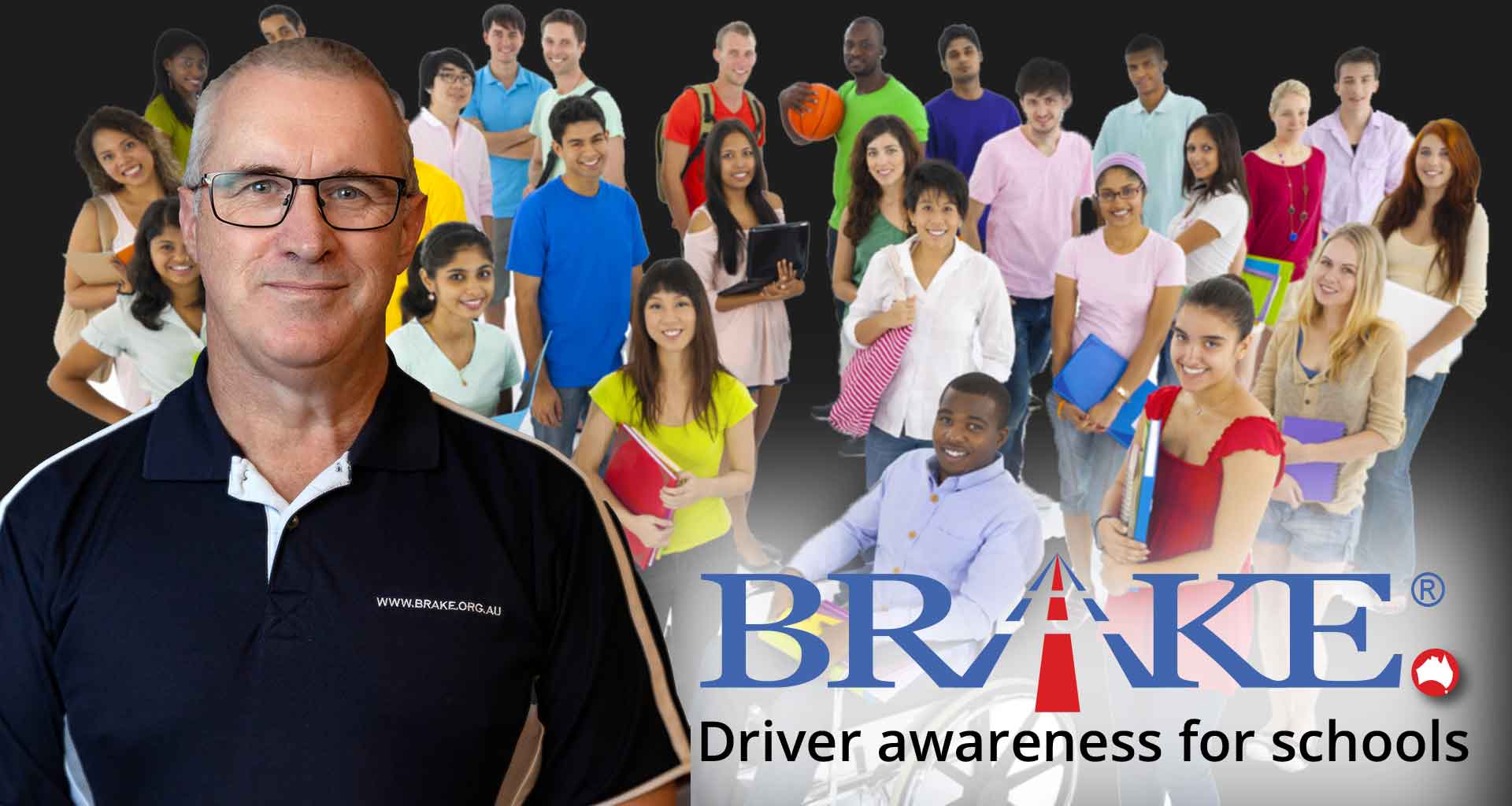 BRAKE driver awareness for schools — a BRAKE presenter in front of a group of students